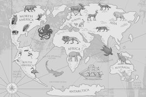 Obraz černobílá mapa světa se zvířaty