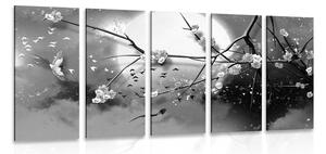 5-dílný obraz větve stromu za úplňku v černobílém provedení