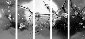 5-dílný obraz větve stromu za úplňku v černobílém provedení