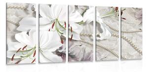 5-dílný obraz bílá lilie s perlami