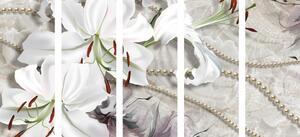 5-dílný obraz bílá lilie s perlami