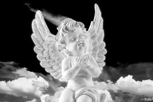 Obraz černobílý pečlivý andílek na nebi