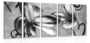 5-dílný obraz zajímavé vintage květiny v černobílém provedení