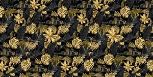 Voděodolná vzorovaná látka zlaté palmové listí na černém podkladu MIGD20801, šířka 160 cm