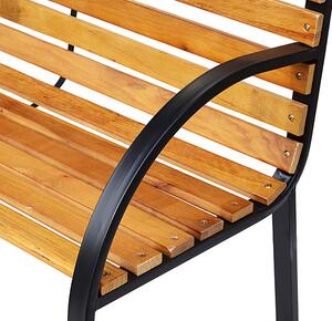Outsunny Dvoumístná Dřevěná Zahradní Lavice 122x60x83 cm s Opěradlem a Područky, Dřevěné latě a Ocelový Rám, Nosnost 220 kg, Přírodní a Černá Barva |