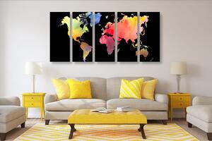5-dílný obraz mapa světa v akvarelový provedení na černém pozadí