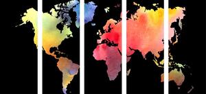 5-dílný obraz mapa světa v akvarelový provedení na černém pozadí