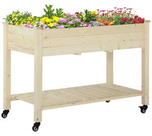 Outsunny Zvednutý městský zahradní stůl 118x55x83 cm Dřevěné zvýšené lůžko se policí Geotextilní látka Kola s brzdami Přenosné pro zahradničení na ter