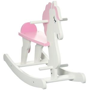 HOMCOM Houpací Kůň pro Děti 1-3 Roční Dřevěný Kůň s Řídítky a Pedály Nosnost 50 kg 68x27x46,5 cm Bílá a Růžová | Aosom
