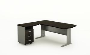 Rohový kancelářský psací stůl BERN s kontejnerem, kovová podnož, 1600 x 1600 mm, levý, wenge