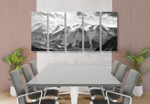 5-dílný obraz nádherná horská panorama v černobílém provedení