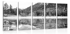 5-dílný obraz jezero v nádherné přírodě v černobílém provedení