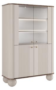 Vitrína Vesper 103 cm čtyřdveřová - kašmír / ořech / zlaté úchyty / kulaté nohy