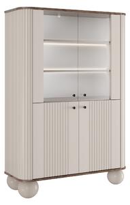 Vitrína Vesper 103 cm čtyřdveřová - kašmír / ořech / černé úchytky / kulaté nohy