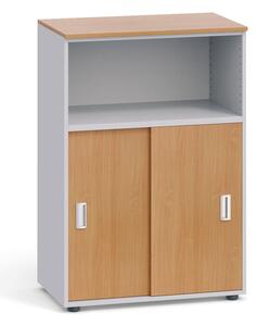 Kancelářská skříň kombinovaná PRIMO, zasouvací dveře, 1087 x 800 x 420 mm, šedá / buk