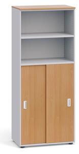 Kancelářská skříň PRIMO, zasouvací dveře na 3 patra, 1781 x 800 x 420 mm, šedá / buk