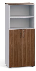 Dvoudveřová kombinovaná kancelářská skříň PRIMO, dveře na 3 patra, 1781 x 800 x 420 mm, šedá / ořech