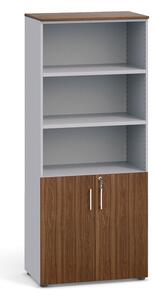Kombinovaná kancelářská skříň PRIMO, dveře na 2 patra, 1781 x 800 x 420 mm, šedá / ořech