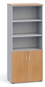 Kombinovaná kancelářská skříň PRIMO, dveře na 2 patra, 1781 x 800 x 420 mm, šedá / ořech
