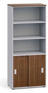Dvoudveřová kombinovaná kancelářská skříň PRIMO, zasouvací dveře na 2 patra, 1781 x 800 x 420 mm, šedá / ořech