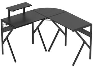 HOMCOM Herní stůl do tvaru L s rohovým designem 125 x 125 cm s povrchem z uhlíkových vláken, policí na monitor, držákem na hrníček a háčkem na sluchát