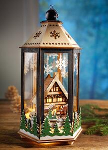 LED Dřevěná lucerna Vánoční les s hracím strojkem
