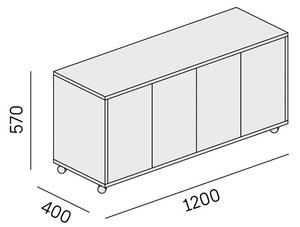 Pojízdná skříňka na kolečkách s dveřmi LAYERS, dlouhá, 1200 x 400 x 575 mm, bílá