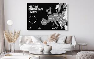 Obraz na korku naučná mapa s názvy zemí evropské unie v černobílém provedení