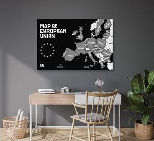 Obraz na korku naučná mapa s názvy zemí evropské unie v černobílém provedení
