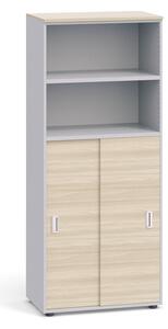 Kombinovaná kancelářská skříň PRIMO, zasouvací dveře na 3 patra, 1781 x 800 x 420 mm, bílá/dub přírodní