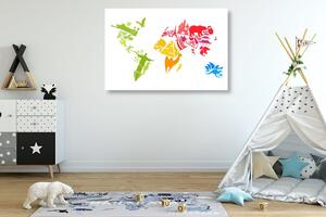 Obraz na korku mapa světa se symboly jednotlivých kontinentů
