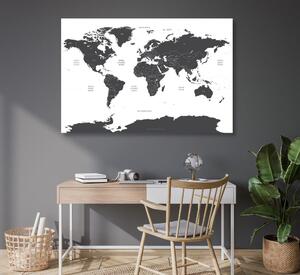 Obraz na korku mapa světa s jednotlivými státy v šedé barvě