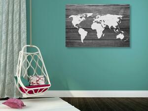 Obraz na korku černobílá mapa světa s dřevěným pozadím