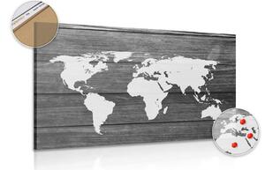 Obraz na korku černobílá mapa světa s dřevěným pozadím