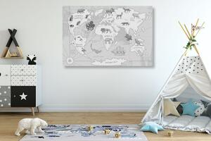 Obraz na korku černobílá mapa světa se zvířaty