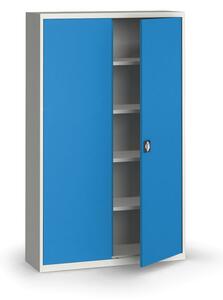 Plechová policová skříň na nářadí KOVONA, 1950 x 1200 x 400 mm, 4 police, šedá/modrá