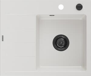 Mexen Ben, 1-komorový granitový dřez 600x500x190 mm, pravý + černý sifon, bílá, 6523605000-20-B