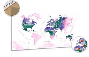 Obraz na korku mapa světa v akvarelovém provedení