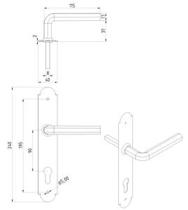Dveřní klika Alba, s otvorem pro vložkový zámek 90 mm, surová