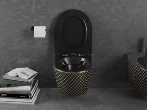 Mexen Lena WC mísa Rimless s pomalu padající deskou slim, duroplast, Černá/Zlatá vzor káro