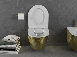Mexen Lena WC mísa Rimless s pomalu padající deskou slim, duroplast, bílá/Zlatá vzor rybí kůže