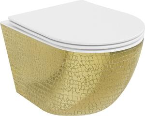 Mexen Lena WC mísa Rimless s pomalu padající deskou slim, duroplast, bílá/Zlatá vzor rybí kůže