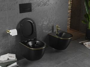 Mexen Lena WC mísa Rimless s pomalu padající deskou slim, duroplast, Černá mat/Zlatálinia