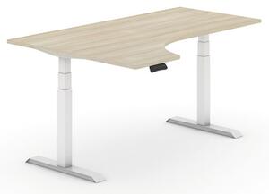 Výškově nastavitelný stůl, elektrický, 625-1275 mm, ergonomický levý, deska 1800x1200 mm, dub, bílá podnož