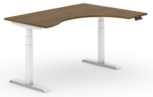Výškově nastavitelný stůl, elektrický, 625-1275 mm, ergonomický pravý, deska 1600x1200 mm, ořech, bílá podnož