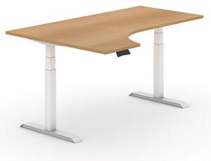 Výškově nastavitelný stůl, elektrický, 625-1275 mm, ergonomický levý, deska 1800x1200 mm, buk, bílá podnož