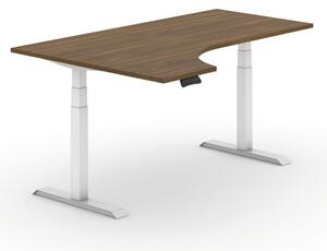 Výškově nastavitelný stůl, elektrický, 625-1275 mm, ergonomický levý, deska 1800x1200 mm, ořech, bílá podnož