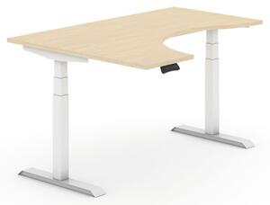 Výškově nastavitelný stůl, elektrický, 625-1275 mm, ergonomický levý, deska 1600x1200 mm, bříza, bílá podnož