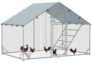 PawHut Výběh pro Slepice se Střechou, Ocelový Kurník 6 m² pro 6–8 Slepic, UV a Voděodolný 420D Kryt, Krmná Dvířka, Závěsné Krmítko a Bidýlka, 3 × 2 ×