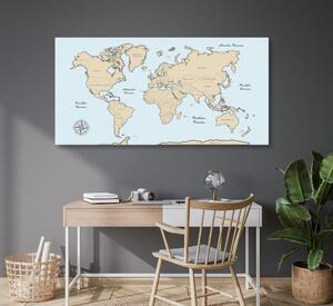 Obraz na korku béžová mapa světa na modrém pozadí - 100x50
